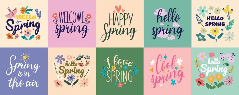 Spring Typography Vector Card Set. Cute Floral Elements and Hand Lettering .. 库存插图