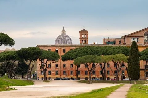Spring vacation in Rome, view on Circus Maximus ruins, green pine trees and.. 스톡 사진