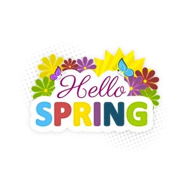 Spring vector background with colorful flowers, butterfly and sun. Stock Illustration