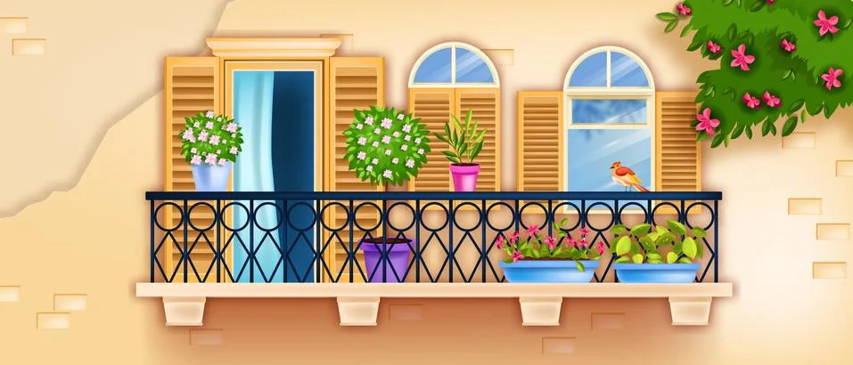 Spring vector balcony window, old town facade illustration, blossom branches Illustrazione stock
