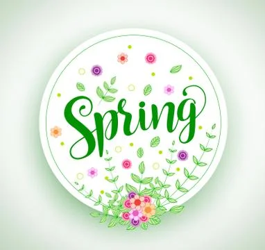 Spring vector design typography in circle with colorful flowers Stock Illustration