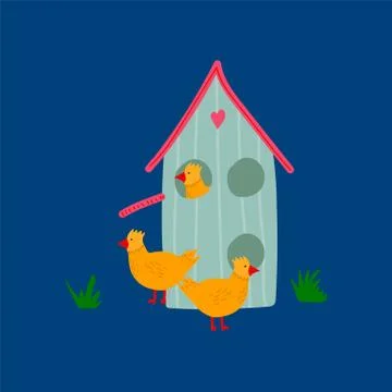 Spring vector Illustration with Easter chickens and a cute house. Concept of Stock Illustration