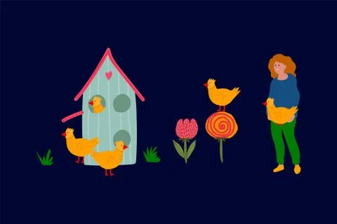 Spring vector Illustration of a girl with Easter chickens. Cute greeting card Stock Illustration