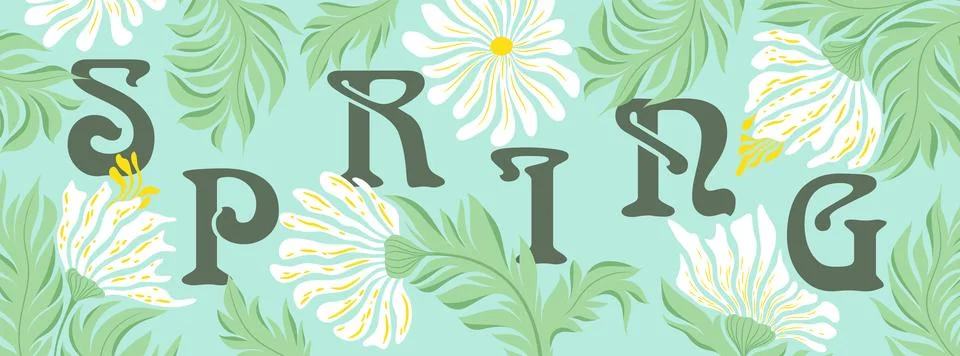 Spring vector illustration template with abstract hand drawn flowers and le.. Stock Illustration