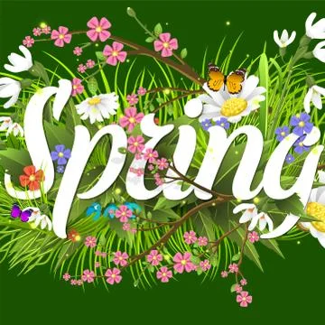 Spring vector text lettering background with flower floral green text letter Stock Illustration