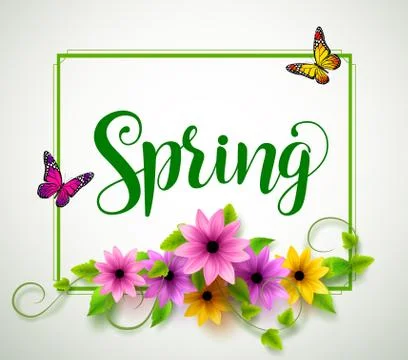 Spring vector typography with colorful flowers, leaves, vines Stock Illustration