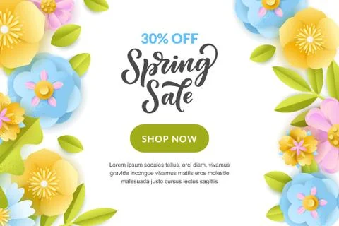Spring vector white background with paper cut leaves and flowers. Sale banner Stock-Illustration