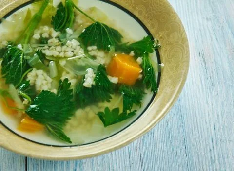 Spring vegetable soup nettle with  Wheat Groats 写真素材