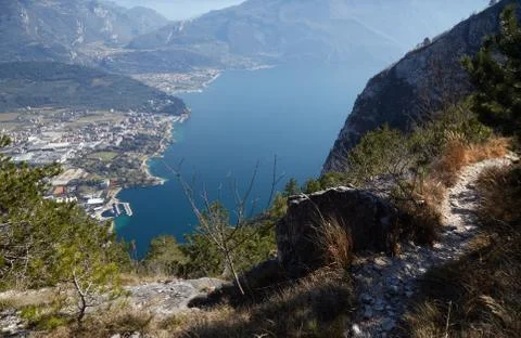 Spring view from the mountain to Lake Garda. Stock Photos