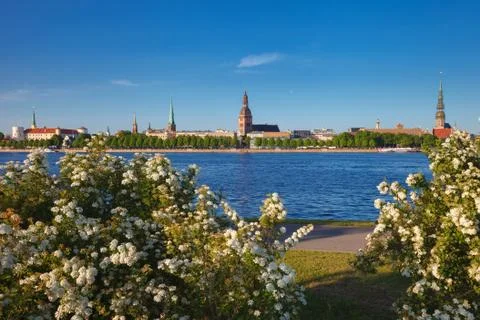 Spring View of Old Town of Riga and Daugava River. Riga, Latvia. Stock Photos
