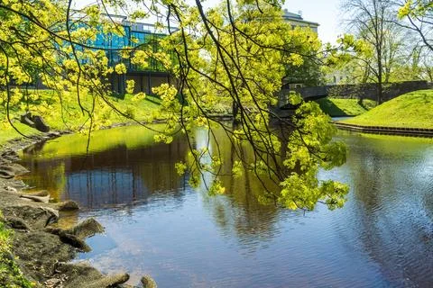 Spring view on a river chanel in a green city park Stock Photos