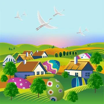 Spring village, Stock Illustration