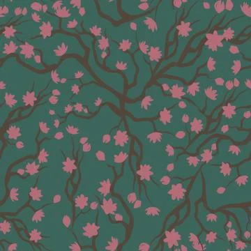 Spring vintage seamless pattern with pink flowers on the branches Stock Illustration
