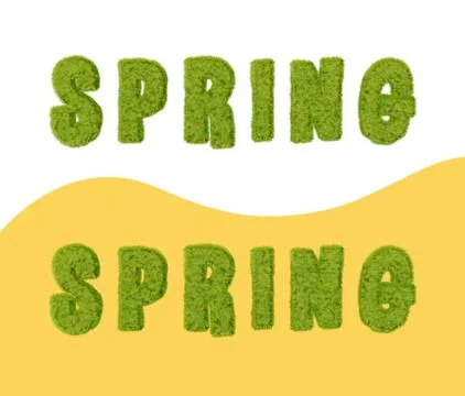 Spring voluminous text covered with lawn green grass for golf and football. P Stock Photos