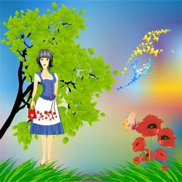 Spring walk and flowers Stock Illustration