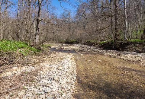 Spring walks in the highlands, riverbed, forest, and panorama of the area Stock Photos