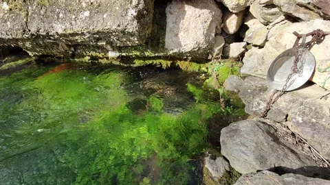 Spring water comes from inside of the rock on a sunny day Stock Footage 169884530