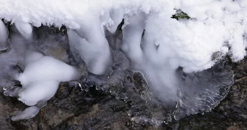 Spring water flows through a snowy park in winter Stockbeeldmateriaal 264352857