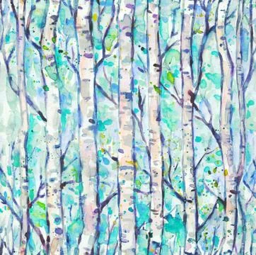 Spring watercolor painted pattern with birch grove motif. Stock Illustration