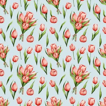 Spring watercolor pattern with red tulips on a light blue background. Suitabl Stock Illustration