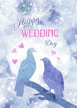 Spring Wedding party design with a pair of birds on a branch and pink hearts Stock Illustration