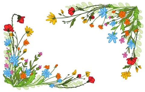 Spring wild flowers border, red poppy, daisy 스톡 일러스트