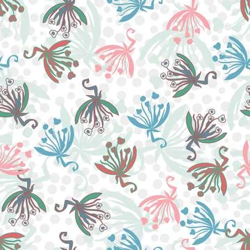 Spring Wildflower Layered Abstract Repeat Scatter Pattern In Pink, Blue, Red  Stock Illustration