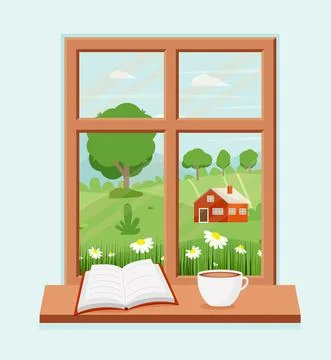 Spring window with landscape with a book and a coffee cup on the sill. Vector Stock Illustration