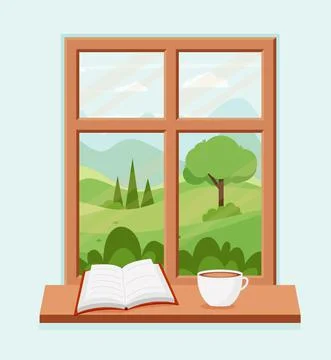 Spring window with landscape with a book and a coffee cup on the sill. Vector Stock Illustration