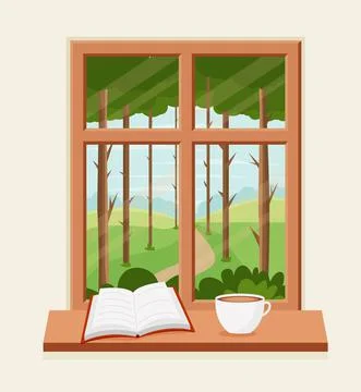 Spring window with landscape with a book and a coffee cup on the sill. Vector Stock Illustration