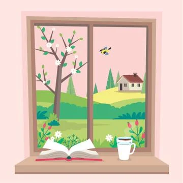Spring window with view, a book and a coffee cup on the sill. Cute cozy vector 库存插图