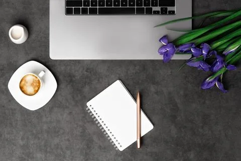 Spring women's workspace top view with beautiful iris flowers, laptop, notepad Stock Photos