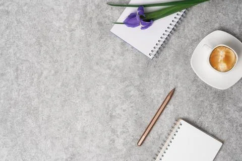 Spring women's workspace top view with beautiful iris flowers, laptop, notepad Stock Photos