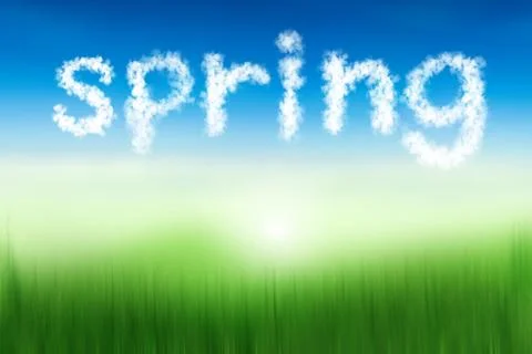 Spring word in cloud texture floating at blur soft nature background,season s Stock Illustration