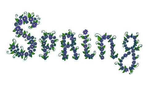 Spring word composed of flowers and petals. Hand drawn original Stock Illustration