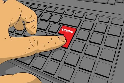 Spring word on computer keyboard. Man push keypad on laptop. Comic book style Illustrazione stock