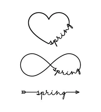 Spring - word with infinity symbol, hand drawn heart, one black arrow line Stock Illustration
