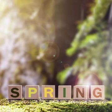 Spring is a word made of cubes with colored letters, a message about the Stock Photos