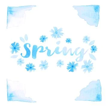 Spring word text. Lettering typography. Sky blue watercolor abstract Stock Illustration