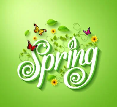 Spring Word Typography Concept in 3D with Flying Butterflies Stock Illustration