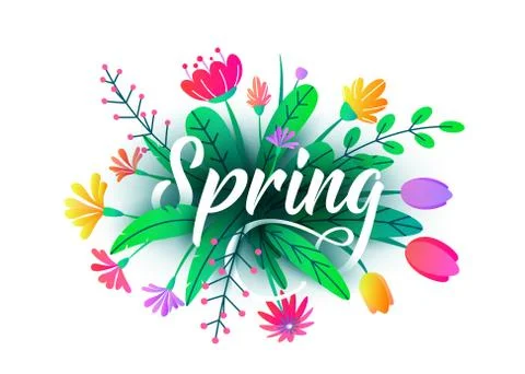 Spring word vector background with flat minimal flowers, leaves isolated on 스톡 일러스트
