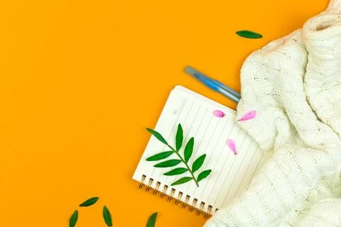 Spring workspace composition with leaves and petals, cozy sweater and notepad Stock Photos