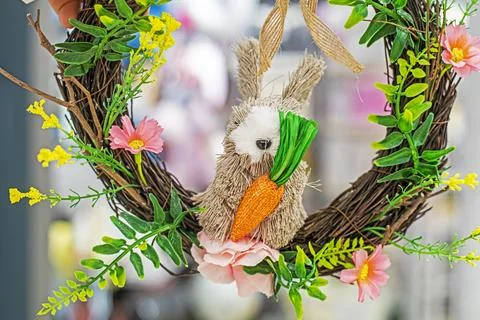 Spring wreath with an Easter bunny and carrots 스톡 사진