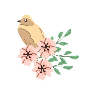Spring yellow bird with floral elements clipart isolated Stock Illustration