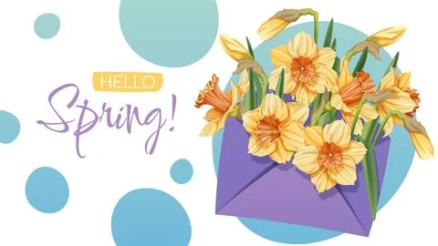 Spring Yellow Daffodils in Envelope Banner. Bright Floral Design for Seasonal Stock Illustration