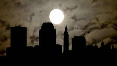 Springfield downtown skyline By Night with Dark Atmosphere, Fog, Smoke and Moon Stock Footage 276625963