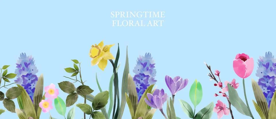 Springtime background, spring floral border, summer painting flowers watercolor Stock Illustration