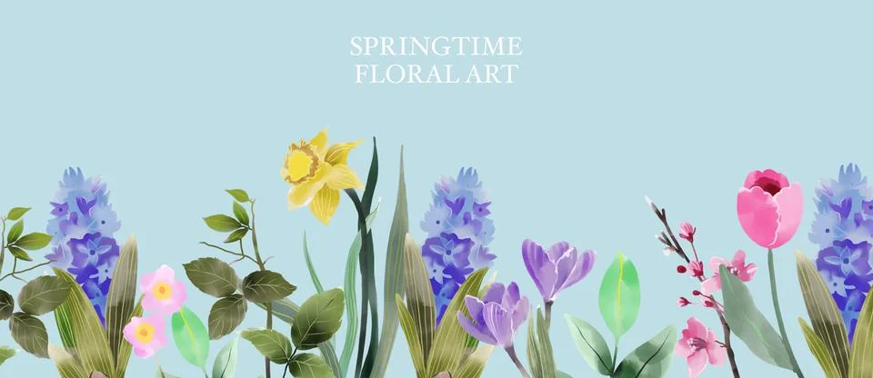Springtime background, spring floral border, summer painting flowers watercolor Illustrazione stock