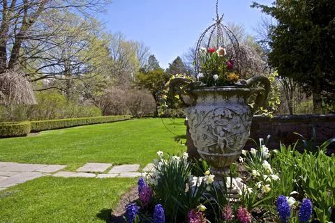 Springtime in the backyard with a flowerpot Stock Photos
