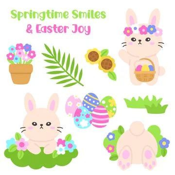 Springtime Easter Bunny with Floral Wreath, Basket, and Painted Eggs in a G.. Stock Illustration